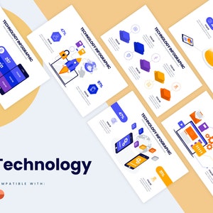 Puede incluir: Un conjunto de seis diapositivas de infografía tecnológica con fondo blanco y acentos azules, morados, naranjas y amarillos. Las diapositivas presentan iconos y gráficos relacionados con la tecnología, como un teléfono inteligente, una computadora portátil, un globo terráqueo y un cohete. Las diapositivas son compatibles con PowerPoint.