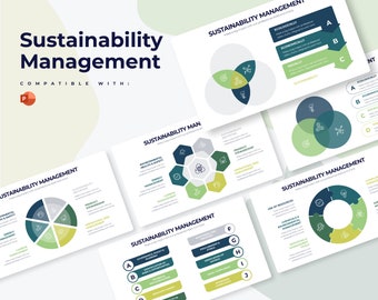 Può includere: Un set di sei diapositive PowerPoint con schemi di colori verde, blu e giallo. Le diapositive contengono diagrammi e testo sulla gestione della sostenibilità. Il testo sulle diapositive include "Gestione della sostenibilità", "Uomo della sostenibilità", "Utilizzo delle risorse", "Ecologicamente", "Economicamente" e "Socialmente".