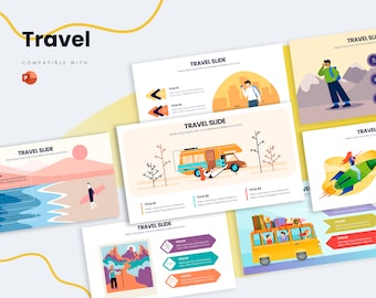 Può includere: Un set di diapositive PowerPoint a tema viaggio, colorate e illustrate con persone che viaggiano in auto, aereo, barca e a piedi. Le diapositive includono titoli, punti elenco e grafica.