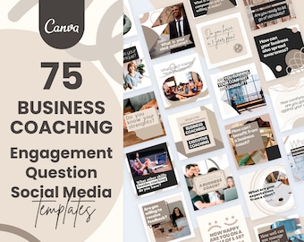 Può includere: Una collezione di 75 modelli di social media per il coaching aziendale. I modelli presentano una varietà di colori e design, tra cui beige, marrone, nero e bianco. I modelli includono domande per aiutare i coach aziendali a interagire con i loro clienti.