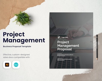 Può includere: Un modello di proposta commerciale grigio e bianco per la gestione di progetti. Il modello presenta un laptop, una mano che scrive su un pezzo di carta e il testo "Proposta di gestione del progetto".