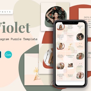 Violet Instagram Puzzle Template | CANVA Instagram Post Template Collage Photoshop Influencer IG Feed