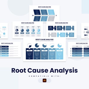 Puede incluir: Un conjunto de diagramas de análisis de causa raíz azules y blancos. Los diagramas incluyen diagramas de flujo, diagramas circulares y tablas. Los diagramas están diseñados para ayudar a las empresas a identificar y resolver problemas.