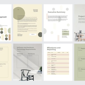 Peut inclure: Un mod&egrave;le de proposition de d&eacute;veloppement logiciel avec un fond beige et des formes g&eacute;om&eacute;triques en vert et marron. Le document comprend des sections pour le r&eacute;sum&eacute; ex&eacute;cutif, la vue d'ensemble du projet, les jalons et les rapports, et le d&eacute;ploiement.