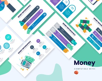 Può includere: Un set di diapositive di infografiche colorate con illustrazioni di denaro, una mano che tiene una carta di credito, una cassa e pile di denaro. Le diapositive sono intitolate "Infografiche sul denaro" e sono compatibili con PowerPoint.