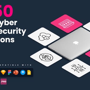 Puede incluir: Diseño gráfico con un portátil plateado rodeado de iconos cuadrados blancos y rosas. Los iconos representan símbolos de ciberseguridad. El texto dice "50 Cyber Security Icons" y "Compatible With" con logotipos de varios programas de diseño.