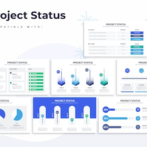 May include: A set of project status slides with different charts and graphs. The slides include bar charts, pie charts, and progress bars. The slides are designed to help you track the progress of your projects and communicate your status to stakeholders.