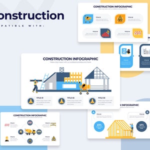 May include: Construction infographic with illustrations of a house under construction, a worker, and a cement mixer. The infographic includes titles, numbers, and percentages.