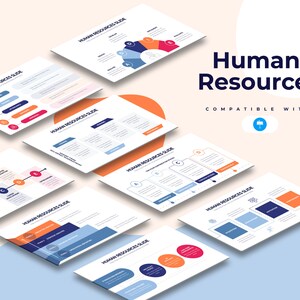 May include: A set of colorful presentation slides with the title "Human Resources" and the text "COMPATIBLE WITH:" and a blue icon of a presentation board. The slides feature various charts, graphs, and diagrams related to human resources.