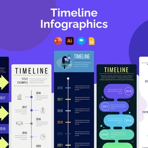May include: A timeline infographic template with a blue, yellow, and black color scheme. The template features a horizontal timeline with markers for each year from 2016 to 2021. The template includes text boxes for adding information about each year. The template is designed to be used for presentations, reports, and other visual communication.