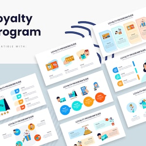 Op de afbeelding: Een PowerPoint-presentatie sjabloon met kleurrijke dia's voor een loyaliteitsprogramma. De dia's bevatten pictogrammen van boodschappentassen, cadeaudozen, percentagetekens en sterren. De tekst op de dia's luidt "Loyaliteitsprogramma Dia".