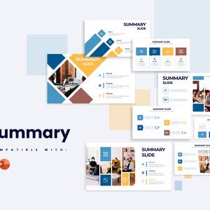 Op de afbeelding: Een PowerPoint-presentatie sjabloon met een blauw, geel en bruin kleurenschema. De sjabloon bevat een verscheidenheid aan dia's met verschillende lay-outs, waaronder een titeldia, een samenvattingsdia en een dia met een opsommingstekenlijst. De sjabloon is ontworpen om te worden gebruikt voor zakelijke presentaties.