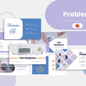 Puede incluir: Una plantilla de presentación de PowerPoint con un esquema de color azul y blanco. La plantilla se titula "El problema" y presenta una variedad de diapositivas con diferentes diseños y gráficos. Las diapositivas incluyen una diapositiva de título, una diapositiva con un gráfico, una diapositiva con una computadora portátil, una diapositiva con un grupo de personas y una diapositiva con una pizarra blanca.