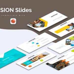 Könnte beinhalten: Eine Sammlung weißer Präsentationsfolien mit dem Text "VISION Slides" und dem PowerPoint-Logo. Jede Folie hat ein anderes Design mit Bildern und Text, das eine moderne und professionelle Ästhetik zeigt.