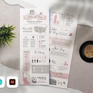 Puede incluir: Una invitación de boda en color rosa y blanco con un gráfico del puente de Brooklyn y un mapa de los Estados Unidos. La invitación incluye los nombres de la pareja, la fecha de la boda y la ubicación. La invitación también incluye información sobre la ceremonia y la recepción.
