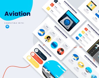 Può includere: Un set di sei diapositive di infografica colorate con la parola "Aviation" in uno striscione blu e bianco in alto. Le diapositive presentano illustrazioni di aerei, piloti e attrezzature aeroportuali. Ogni diapositiva ha un titolo e quattro punti elenco.