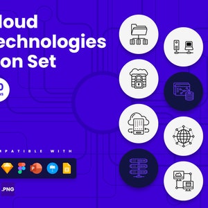 May include: A set of 50 cloud technology icons, compatible with Adobe Illustrator, Sketch, Figma, Photoshop, InDesign, and Canva. The icons are available in SVG and PNG formats. The icons are black and white and feature a variety of cloud-related concepts, such as servers, data storage, security, and networking.