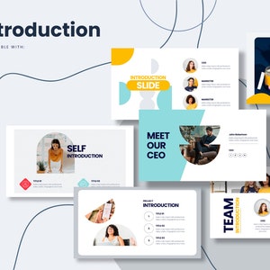 Puede incluir: Una plantilla de presentación con un esquema de color azul, amarillo y blanco. La plantilla incluye diapositivas para la auto presentación, la presentación del equipo, la presentación del proyecto y la reunión con el CEO. Las diapositivas presentan imágenes de personas y cuadros de texto para la información.