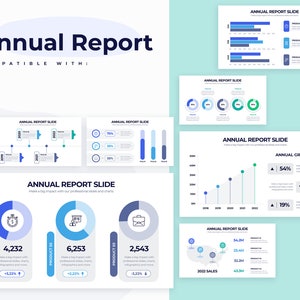 May include: A colorful infographic slide deck for an annual report. The slides feature charts, graphs, and icons to illustrate key performance indicators. The slides are designed to be visually appealing and easy to understand.