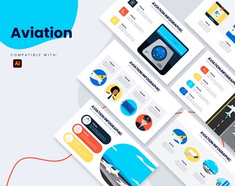Può includere: Un set di sei diapositive di infografica colorate con la parola "Aviation" in un cerchio blu e bianco nella parte superiore della pagina. Le diapositive presentano illustrazioni di aerei, piloti e attrezzature aeroportuali. Il testo "AVIATION INFOGRAPHIC" è nella parte superiore di ogni diapositiva.
