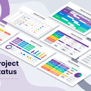 May include: A set of colorful project status slides with charts, graphs, and tables. The slides are designed to help you track the progress of your projects and keep your team on track.
