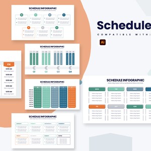 Puede incluir: Cinco plantillas de infografía diferentes para la planificación, con los títulos "Schedule Infographic" y "Haz un gran impacto con nuestras diapositivas y gráficos profesionales". Las plantillas presentan una variedad de diseños y esquemas de colores, incluidos el azul, el verde y el naranja.