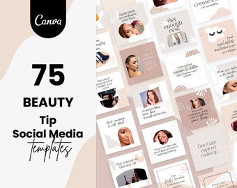 Può includere: Un set di 75 modelli di social media per consigli di bellezza. I modelli presentano uno schema di colori rosa e bianco con forme e illustrazioni astratte. Il testo sui modelli include consigli di bellezza come "Applica il blush in base al tuo viso", "Dormi a sufficienza", e "Non usare trucco scaduto".