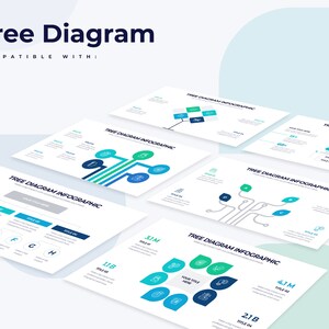 May include: A set of six slides with a white background and blue and green accents. Each slide features a tree diagram infographic with different layouts and icons. The text on the slides includes "Tree Diagram Infographic" and "Your Style Here".
