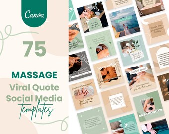 Può includere: Una collezione di 75 modelli di social media per massaggiatori. I modelli presentano una varietà di citazioni sul massaggio, come "Concediti un massaggio, te lo meriti." e "Facciamo in modo che questo sia passato". I modelli sono progettati in uno stile moderno con uno schema di colori verde e marrone.