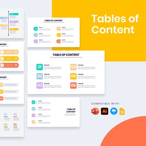 May include: A set of six colorful table of content slides for a presentation. The slides feature a variety of layouts with numbered points and titles. The slides are compatible with PowerPoint, Adobe Illustrator, and other software.