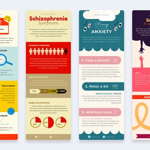 May include: Four colorful infographic posters with tips on managing mental health. The posters cover depression, schizophrenia, anxiety, and suicide prevention. Each poster features a different color scheme and illustrations.