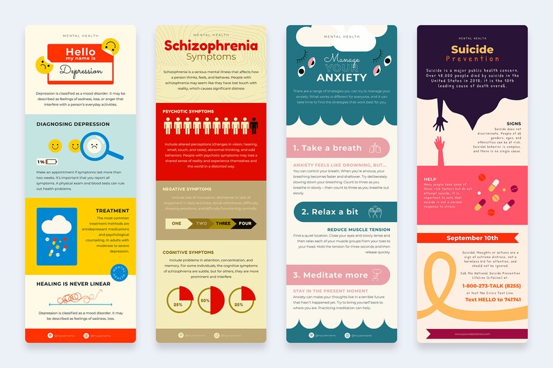 May include: Four colorful infographic posters with tips on managing mental health. The posters cover depression, schizophrenia, anxiety, and suicide prevention. Each poster features a different color scheme and illustrations.