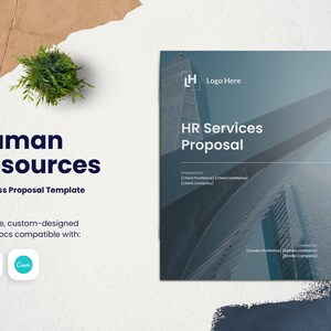 May include: A blue and white business proposal template for HR services. The template features a modern design with a cityscape background and the text "HR Services Proposal".