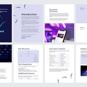 May include: A website development proposal with a blue and teal color scheme. The proposal includes sections for an introduction, executive summary, site structure, site integrations, additional features, solution outline, execution timeline, and project costs. The proposal is designed to help businesses develop a website that meets their needs.