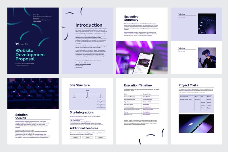 May include: A website development proposal with a blue and teal color scheme. The proposal includes sections for an introduction, executive summary, site structure, site integrations, additional features, solution outline, execution timeline, and project costs. The proposal is designed to help businesses develop a website that meets their needs.