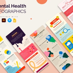 May include: A set of colorful infographics about mental health. The infographics feature illustrations of people, hearts, and clouds. The text includes phrases like "Mental Health Factors", "Suicide Prevention", "Hello Depression", "Diagnosing Depression", "Treatment", and "Healing is Never Linear".