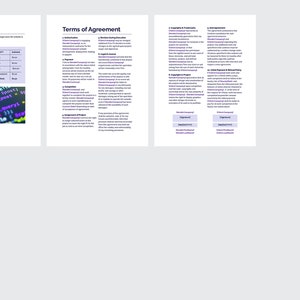May include: A document with the title "Terms of Agreement" and "Ongoing Fees". The document includes sections on "Authorization", "Engagement", "Assignment of Project", "Copyrights & Trademarks", "Sub-Agreement", "Ethical Agreement & Before Work Policy", and "Ongoing Fees".