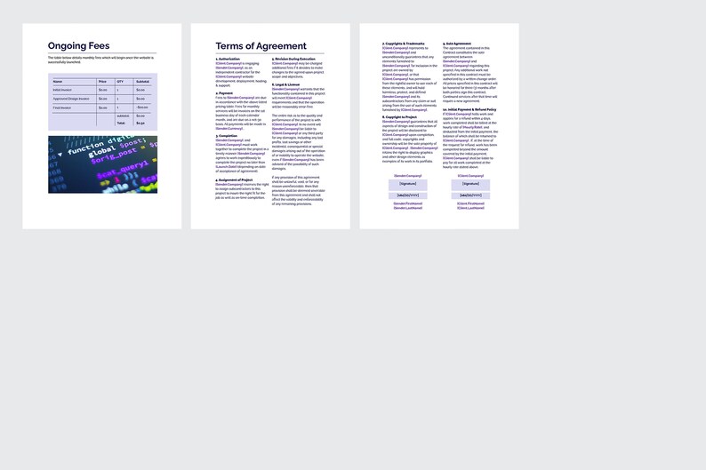 May include: A document with the title "Terms of Agreement" and "Ongoing Fees". The document includes sections on "Authorization", "Engagement", "Assignment of Project", "Copyrights & Trademarks", "Sub-Agreement", "Ethical Agreement & Before Work Policy", and "Ongoing Fees".