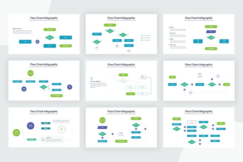 Puede incluir: Una colecci&oacute;n de infograf&iacute;as de diagramas de flujo sobre un fondo blanco. Cada gr&aacute;fico utiliza elementos verdes, azules y morados para ilustrar procesos. El texto incluye "Flow Chart Infographic" y varios pasos del proceso.