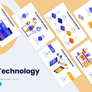 May include: A set of six infographic slides with a technology theme. The slides feature colourful icons and graphics, including a rocket ship, a globe, a laptop, and a smartphone. The slides are designed to be used in presentations or reports about technology trends.