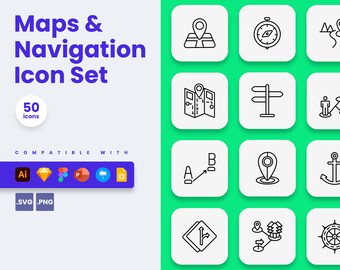 Mappe e icone di navigazione / Icone vettoriali per Powerpoint, Keynote, Illustrator, Diapositive di Google, Schizzo, Figma