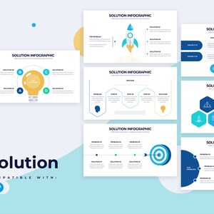 May include: A set of infographic slides with blue, yellow, and white color schemes. The slides feature various icons and diagrams to illustrate solutions to problems. The text on the slides includes "Solution Infographic", "Our Solutions", "Problem", "Process", and "Solution".