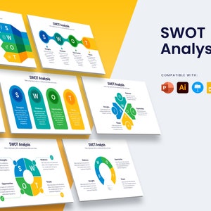 May include: A set of six different SWOT analysis diagrams. Each diagram features a different visual representation of the SWOT acronym, including a circle, a square, and a series of connected circles. The diagrams are designed to help businesses and individuals analyze their strengths, weaknesses, opportunities, and threats.