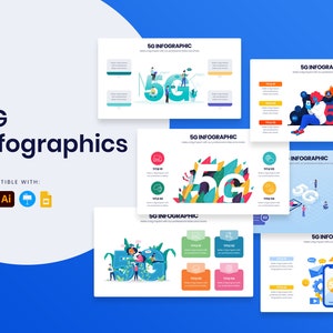 May include: A collection of 5G infographic templates with various designs. The title "5G Infographics" is displayed in large, bold text. The image includes icons for compatibility with PowerPoint, Illustrator, and other software. The background is a gradient of blue.