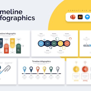 May include: A set of timeline infographic templates with different styles and colors. The templates feature circles, lines, and arrows to represent different stages or milestones. The text "Timeline Infographics" is displayed at the top of the image.