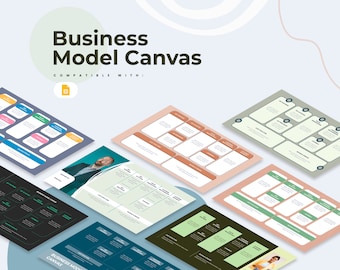 Può includere: Una raccolta di modelli di tela di modello di business colorati. I modelli sono progettati per l'uso con Google Docs. I modelli presentano diversi schemi di colori e layout.