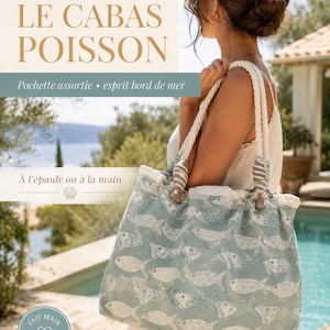 Sac cabas plage femme en coton épais, anses corde , motif bord de mer bleu