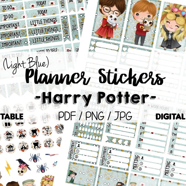 HP Wizards, Spells Happy Planner Stickers, Printable Stickers, Print at Home Planner (Light Blue)