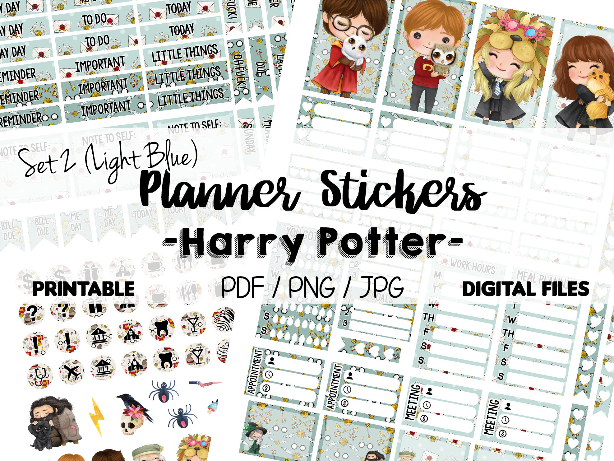 HP Wizards, Spells Happy Planner Stickers, Printable Stickers, Print at Home Planner (Light Blue)