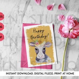 Cute Animal Birthday Card, Farm Animal Birthday Card, Printable Card, Print at Home - Cow #2
